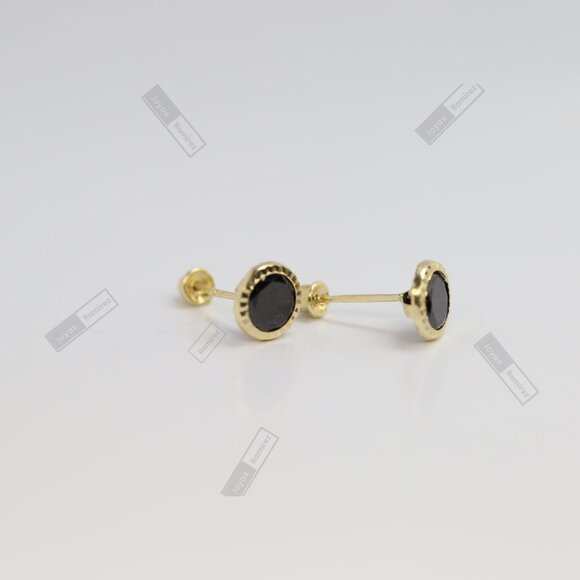 14K Solid Gold Round Black CZ Stud Earrings • 6mm Feminine & Elegant Design. - Picture 4 of 7